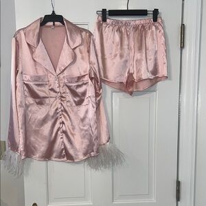 Pink Satin Feather-Trim Pajama Set